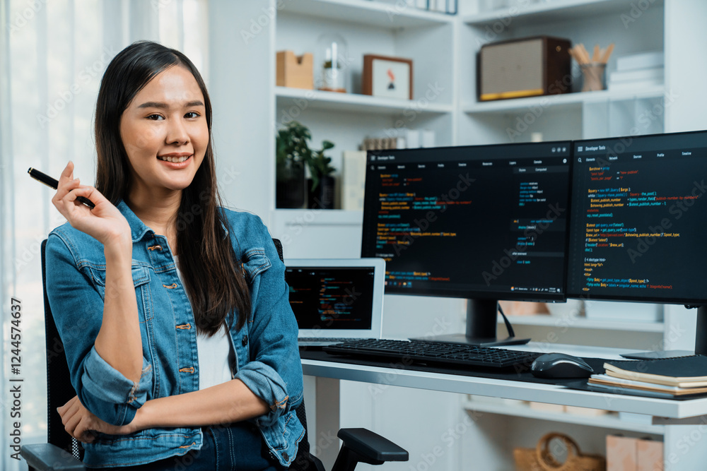 Poster young asian in it developer looking at camera to present with online information on pc with coding p