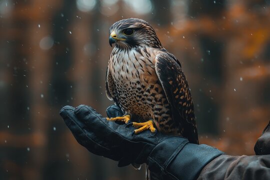 Falcon perched on a gloved hand in a serene forest during gentle snowfall