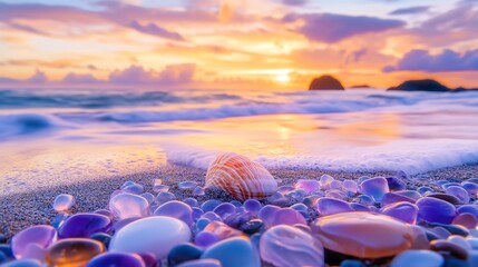 Cinematic Shoreline: A Vibrant Display of Purple Seashells with Ocean Waves at Golden Hour. Generative AI