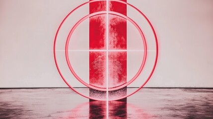 Abstract red circular light installation against a white wall. Minimalist design.