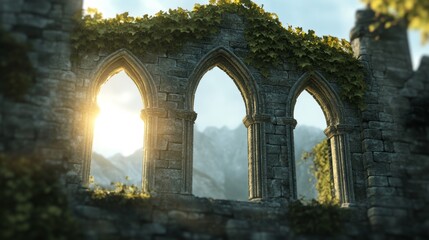 Sunbeams stream through the ancient stone arches of a weathered ruin, overgrown with ivy.  A serene, picturesque scene.