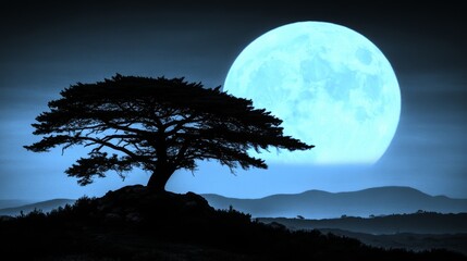 Fototapeta premium Serene nightscape featuring a silhouetted tree against a backdrop of a large, vibrant blue moon.