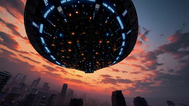Metallic spacecraft casts blue glow across downtown. Massive extraterrestrial vessel dominates urban skyline as sunset paints clouds orange. Revolving camera captures multi-angle view.