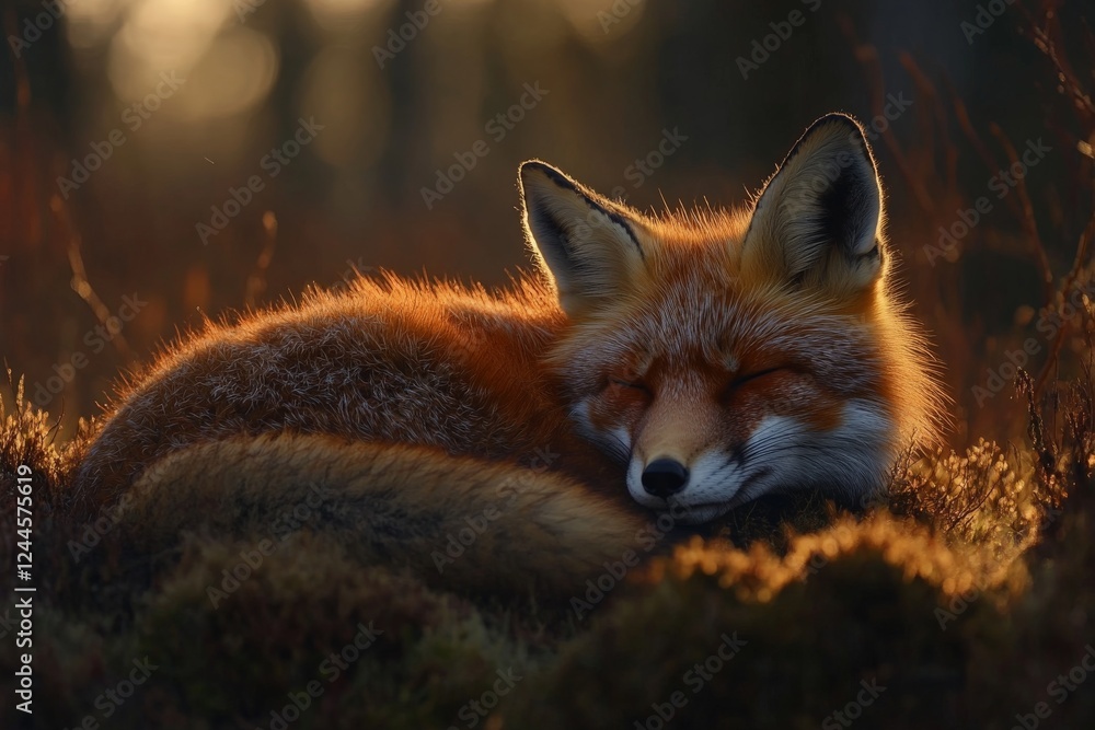Aufkleber fox resting in warm sunlight within woodland setting during golden hour