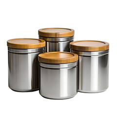 Stainless Steel Kitchen Canisters with Bamboo Lids Isolated on Transparent Background