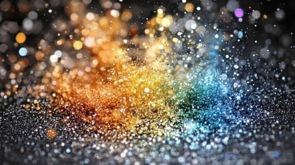 Fototapeta premium Shimmering glitter in vibrant gold, teal, and silver hues creates a magical, festive backdrop.