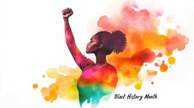 woman raising her fist in solidarity, symbolizing empowerment and Black History Month, with vibrant watercolor splashes in the background
