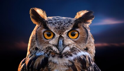 Striking Great Horned Owl in the Night Majestic Nocturnal Beauty Perched on a SnowCovered Branch, Illuminated by the Moonlights Soft Glow, in a Winter Wonderland.