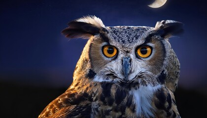 Fototapeta premium Majestic Great Horned Owl Roosting Amidst the Moonlit Forest, Captured in a Moment of Enigmatic Serenity