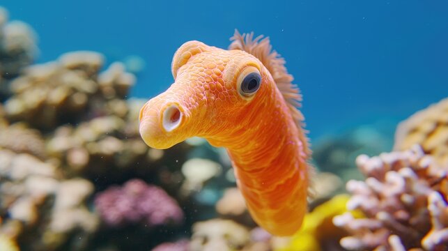 Orange ghost pipefish swims coral reef