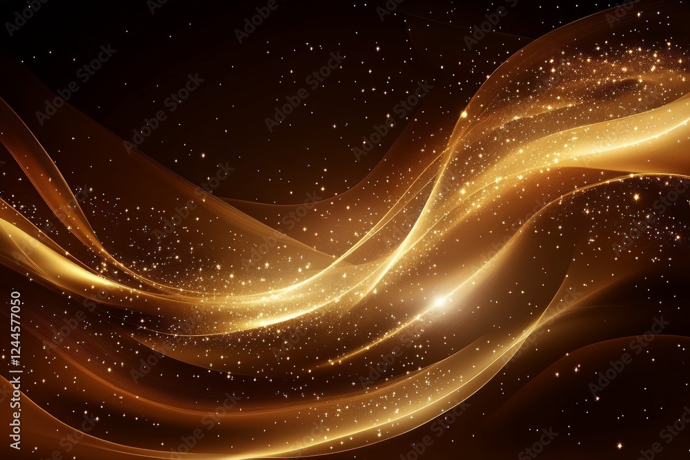 Aufkleber Dynamic golden waves with sparkling particles create an enchanting atmosphere in a dark space