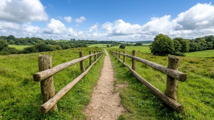 Countryside path leads to green valley under sunny sky