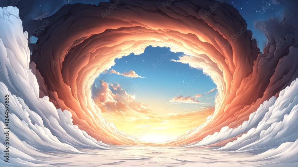 Sticker Surreal artwork depicting a swirling vortex of clouds revealing a breathtaking sunset. Warm and cool tones create a captivating contrast.