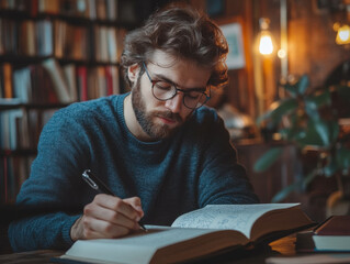 Focused man studying and taking notes in a cozy library, intellectual scholar deeply engaged in reading and writing