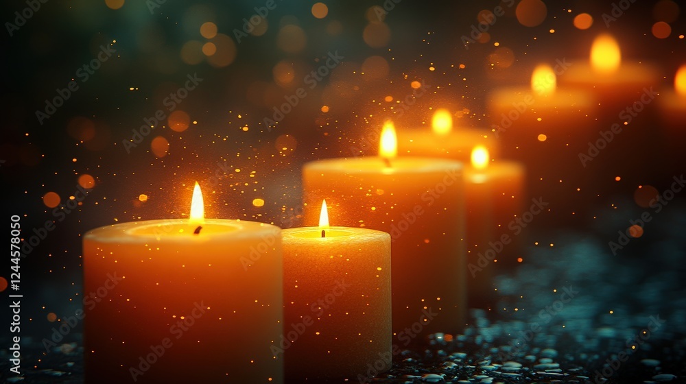 Aufkleber warm glowing candles lined up on a dark surface, surrounded by soft bokeh lights creating a serene a