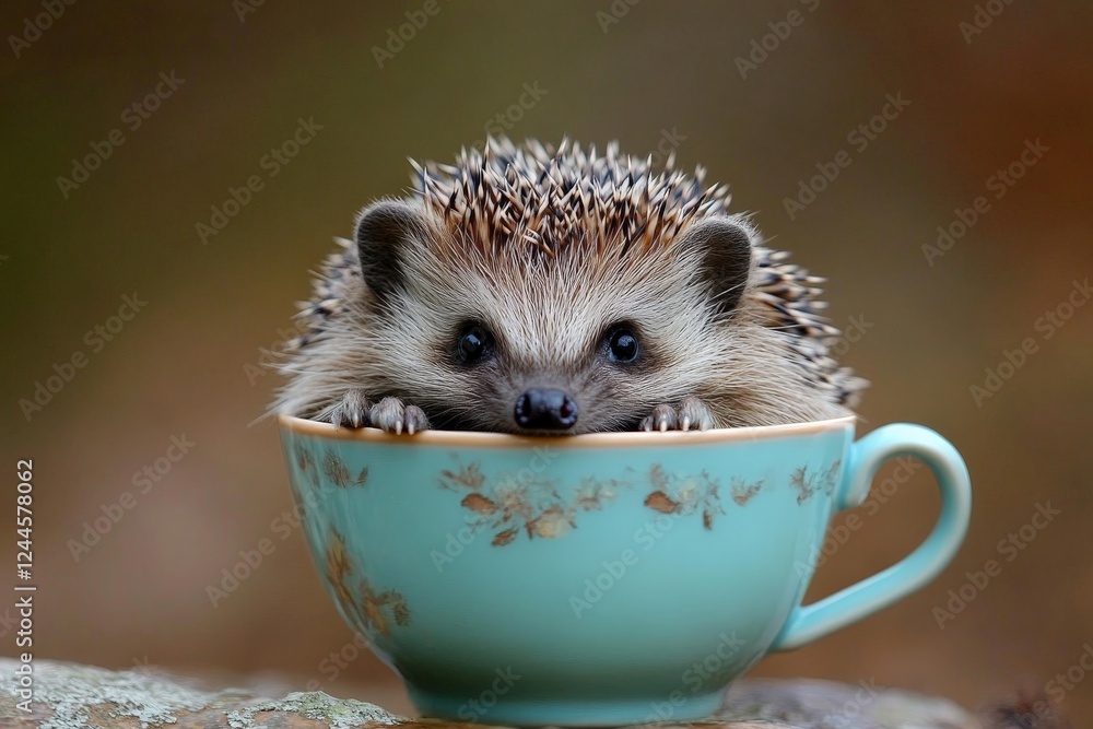 Poster cute hedgehog resting in a delicate teacup on a tranquil autumn day in a forest setting