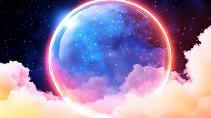 Dreamy pastel planet rising above fluffy clouds in a starlit sky.  A vibrant cosmic scene.