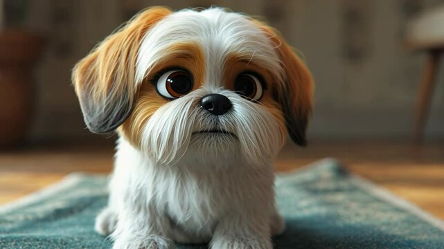 Cute shih tzu puppy playing in a cozy living room with a warm ambiance and soft textures around