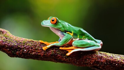 Naklejka premium Vibrant GreenEyed Frog Boophis Viridis Amidst Tropical Rainforest Greenery, Showcasing Striking Coloration and Intricate Patterns of the Endemic Mantellidae Species