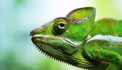 Fototapeta premium Vivid Green Chameleon in Close Up A Majestic Portrait of Natures Master of Camouflage, Showcasing Stunning Textures and Colors, Perfect for Digital Art, Home Decor, or Design Inspiration.