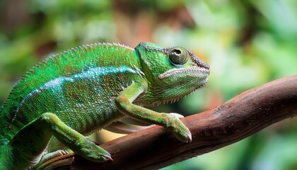 Vibrant Green Chameleon UpClose in lush Tropical Rainforest, Captured by Generative AI at Dawn