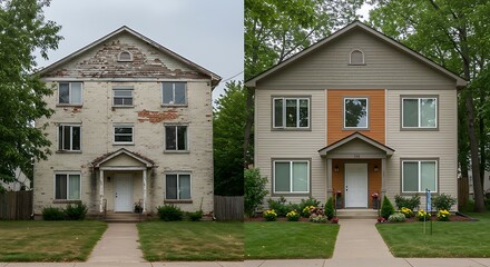 House renovation, exterior construction transformation from old to new apartment, modernization of home architecture with improved design, comparing before and after of restored property
