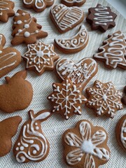 Christmas homemade gingerbread cookies on wooden background. Top view