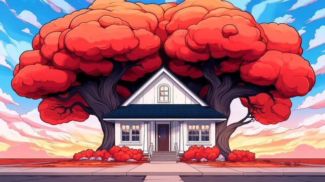 Charming house nestled between two vibrant, autumnal trees. A picturesque scene of warm colors and cozy vibes.