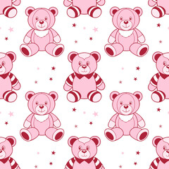 Seamless pattern of cute teddy bears and stars. Pink plush toys print. Children's background.