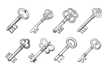 Set of vintage keys icons with ornament isolated on white background. Hand drawn illustration. Sketch
