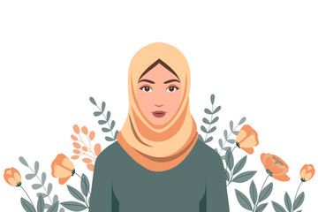 Young muslim woman in hijab on floral background. Flat style illustration.