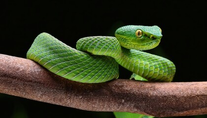 Obraz premium Striking Green Pitviper, Trimeresurus albolabris, Captured in a Tropical Rainforest Jungle at Dusk, Showcasing the Reptiles Vivid Colors and Camouflage Patterns