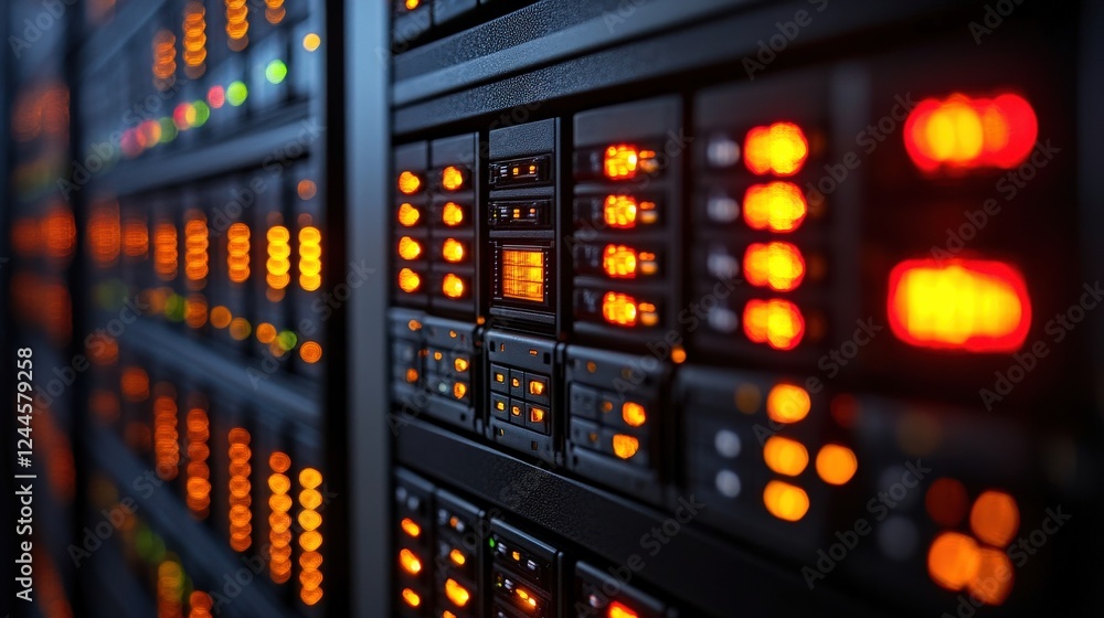 Aufkleber close-up of illuminated server racks in a data center, showcasing technology and operations