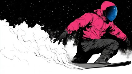 A stylized illustration of a snowboarder in a pink suit and helmet against a starry night sky, carving through fresh powder.