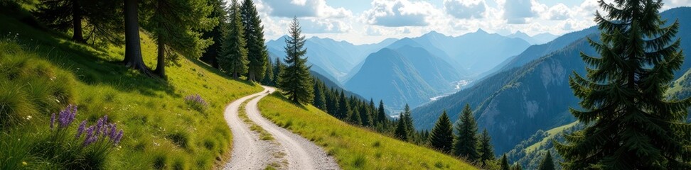 Fototapeta premium Curving track amidst towering trees and distant peaks , day, trail