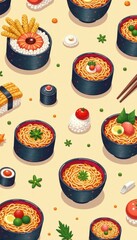 Cute cartoon sushi, ramen, tempura repeat pattern, sushi, print