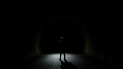 Fear of the Unknown – Conceptual Image of a Person Standing Before a Dark Tunnel, Representing Anxiety and Uncertainty