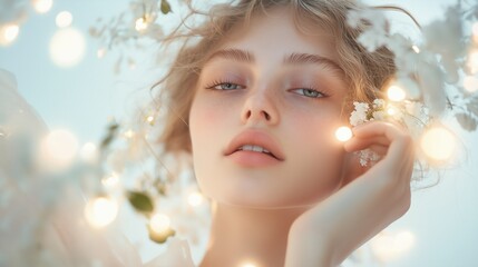 Fototapeta premium Enchanted Beauty: A dreamy portrait of a young woman with blonde hair adorned with delicate white blossoms and fairy lights, creating a magical and ethereal ambiance. 