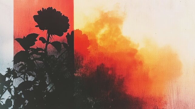 Silhouette of roses against a fiery, abstract background. Warm, contrasting colors create a dramatic mood.