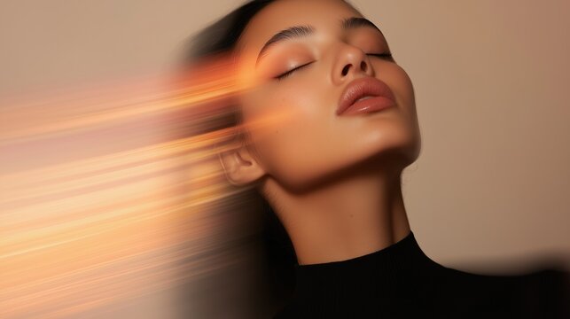 Glow of Tranquility: A young woman with eyes closed and a peaceful expression basks in the warm, ethereal glow of soft, light streaks that dance across her face.