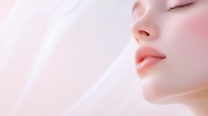 Naklejka premium Serene Beauty: Close-up profile of a woman's face, showcasing soft, flawless skin and delicate features. A veil adds a touch of elegance and mystery, creating a dreamy atmosphere. 