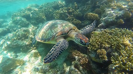Obraz premium Sea Turtle Swimming Amongst Vibrant Coral Reef