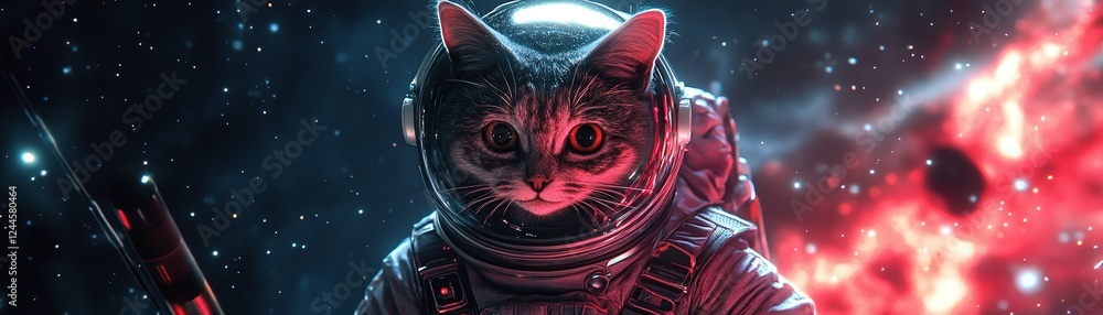 Poster adventurous cat astronaut exploring cosmic realms outer space digital art sci-fi environment close-u