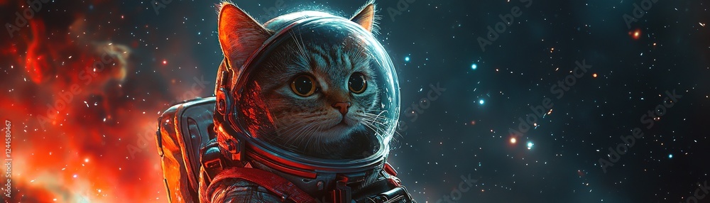Poster adventurous space cat exploration outer space digital art cosmic environment close-up view whimsical