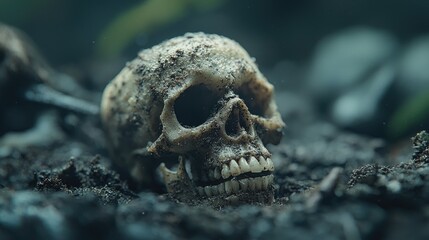 Dirty skull in dark soil; mystery background