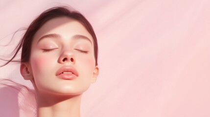 Radiant Beauty in Soft Light: A close-up portrait of a serene young woman with glowing skin and closed eyes, bathed in soft pink light, evokes a sense of tranquility and beauty. 