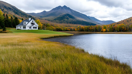 White house autumn lake mountain landscape