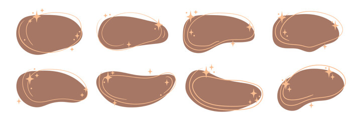 Magic blob shape in trendy Mocha Mousse color with lines, dot and stars. Different irregular border frame set with stars for festive, dreamy, elegant design. Vector blot on transparent background.