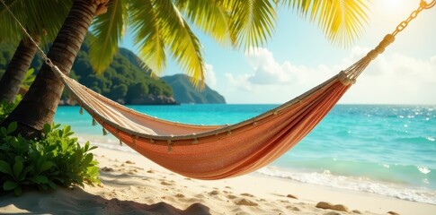 Obraz premium Empty hammock sways gently in bright sunlight , calm, sunlight