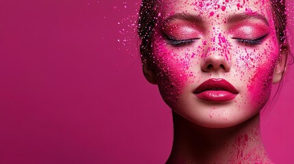 India Holi Festival Celebration Happiness Color Culture Powder Energy Woman with artistic makeup on pink background.